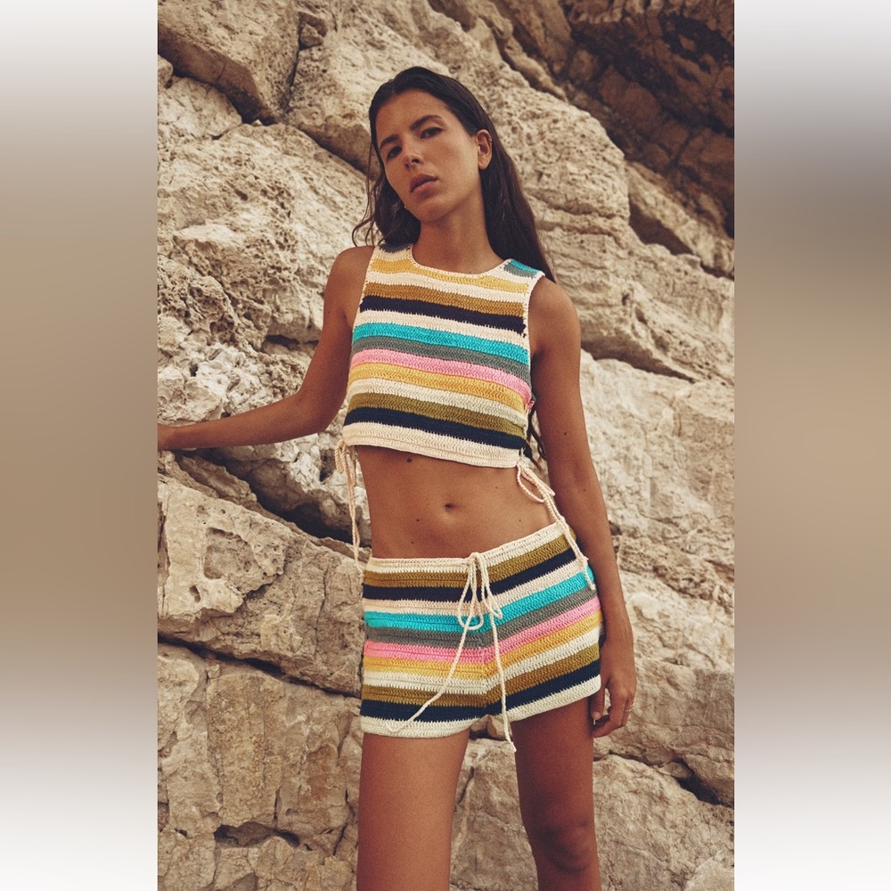 Zara NWT striped crocheted top & shorts size M CO-ORD
